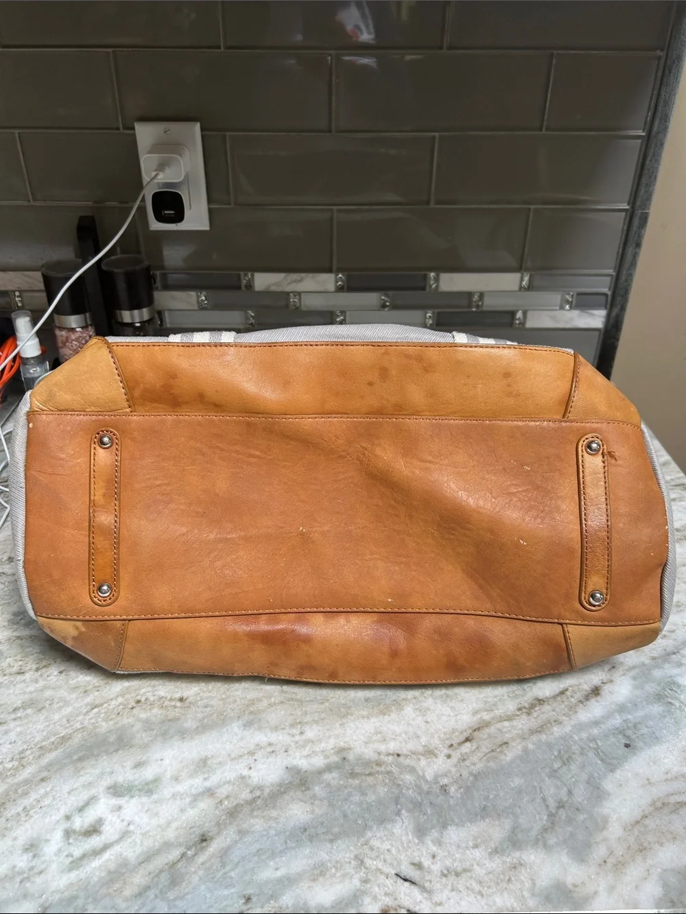 Pottery Barn Diaper Bag Grey S Monogram Kids Baby Duffle Tote Leather Classic.
